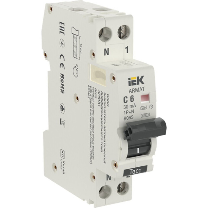Автоматический выключатель дифференциального тока IEK ARMAT B06S 1P+NP C6 30мА тип A (18мм) - AR-B06S-1N-C06A030
