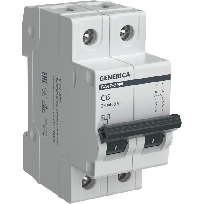Автоматический выключатель IEK ВА47-29М 2P 6А 4,5кА C GENERICA MVA21-2-006-C-G